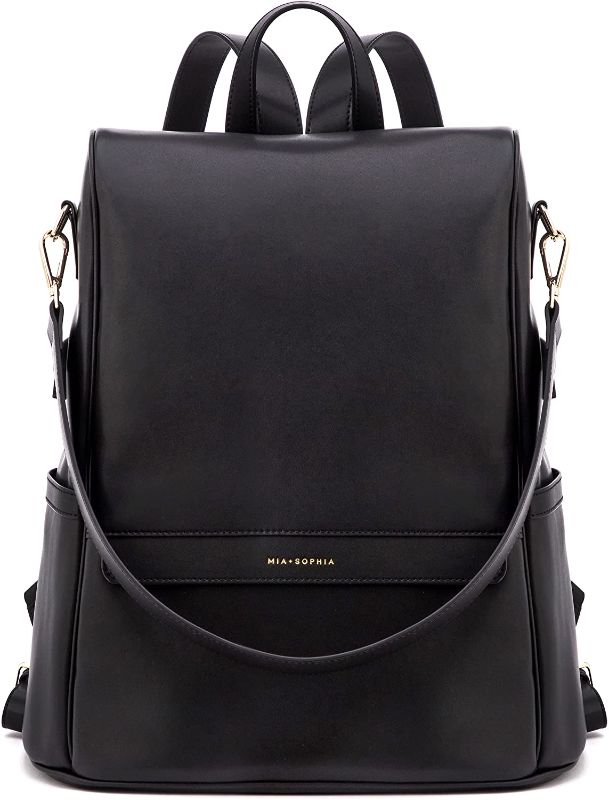 Photo 1 of Mia + Sophia Leather Diaper Bag Backpack with Changing Pad, Stroller Straps, Bottle Holder (Black Mia)
