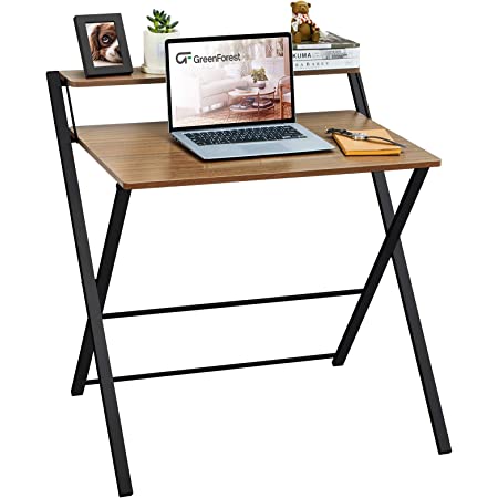 Photo 1 of GreenForest Folding Desk No Assembly Required, Computer Desk with 2-Tier Shelf Foldable Table for Small Spaces 29.5 x 20.47 inch, Espresso
