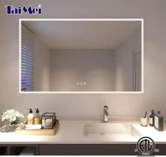 Photo 1 of 60 in. W x 36 in. H Frameless LED Single Bathroom Vanity Mirror in Polished Crystal