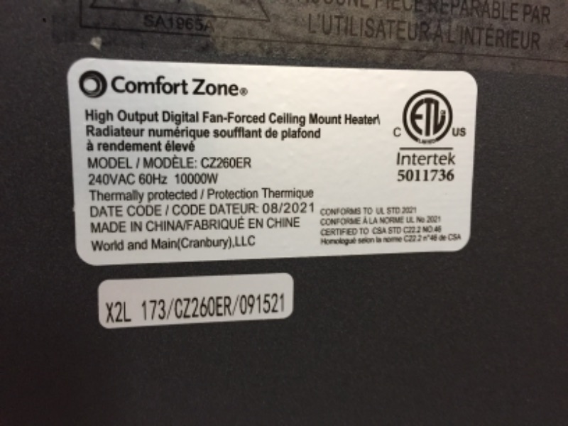 Photo 5 of *SEE NOTE* Comfort Zone CZ260ER Ceiling-Mounted Hard-Wired 240V 10,000-Watt Fan-Forced Industrial Shop and Garage