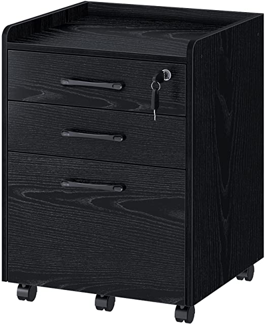 Photo 1 of Rolanstar File Cabinet with 3 Drawer & 1 Lock, Rolling Mobile Filing Cabinet with Lip Edge, Office File Cabinet with Wheels for Letter/Legal Size Documents, Under Desk Black Vertical File Cabinet
