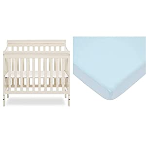 Photo 1 of Dream On Me Aden 4-in-1 Convertible Mini Crib in French White & American Baby Company 100% Natural Cotton Value Jersey Knit Fitted Portable/Mini-Crib Sheet, Blue, Soft Breathable, Pack of 1
