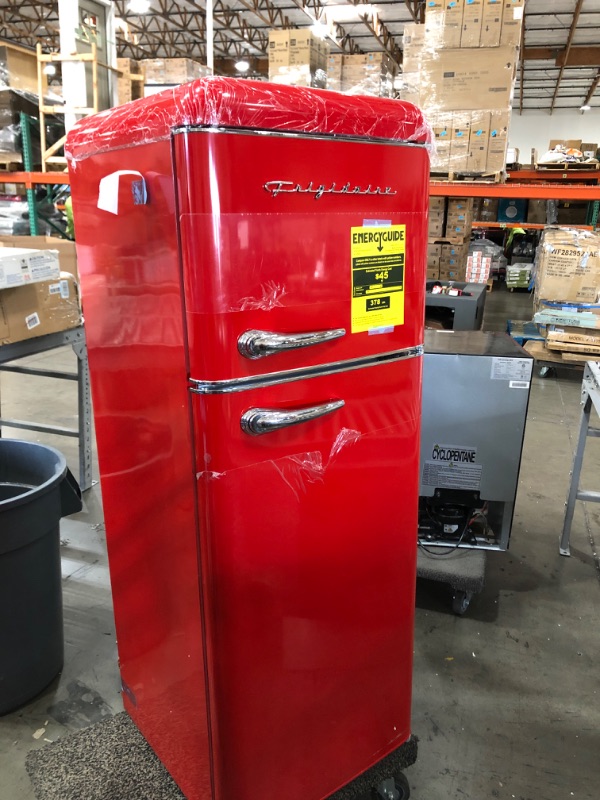 Photo 2 of FRIGIDAIRE EFR756-RED EFR756, 2 Door Apartment Size Retro Refrigerator with Top Freezer, Chrome Handles, 7.5 cu ft, red
