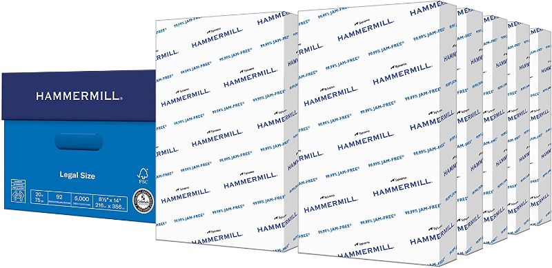 Photo 1 of Hammermill Printer Paper, 20 lb Copy Paper, 8.5 x 14 - 10 Ream (5,000 Sheets) - 92 Bright, Made in the USA, 105015C
