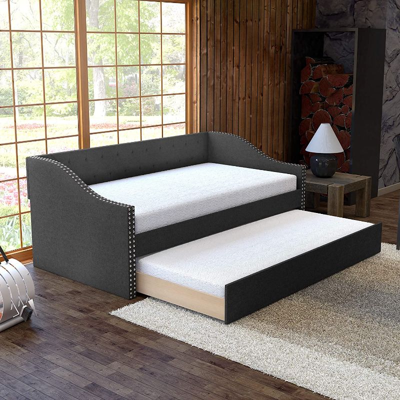 Photo 1 of ***INCOMPETE SET BOX 2 OUT OF 2** Boyd Sleep Electra Upholstered Platform Daybed and Pull Out Guest Trundle Bed Frame Mattress Foundation with Strong Wood Slat Supports: Tufted Linen and Rivets, Black, Twin
