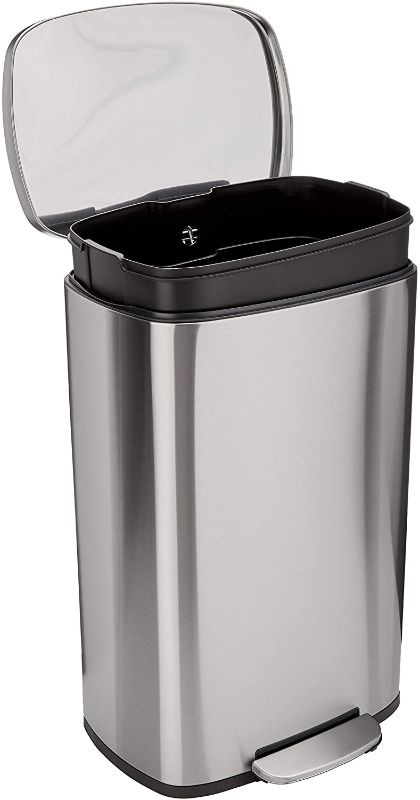 Photo 1 of **MINOR DAMAGE** Amazon Basics 50 Liter / 13.2 Gallon Soft-Close, Smudge Resistant Trash Can with Foot Pedal - Brushed Stainless Steel, Satin Nickel Finish
