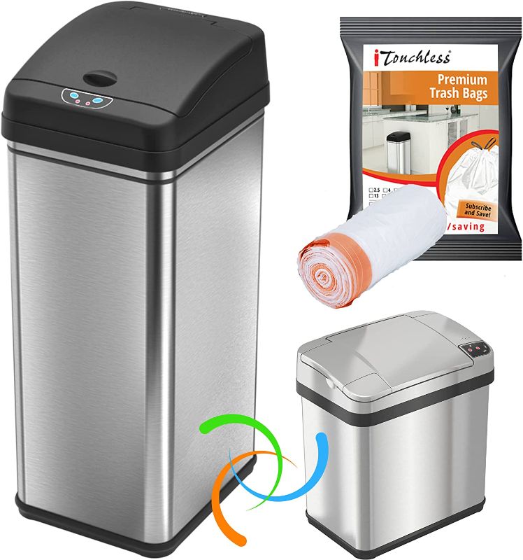 Photo 1 of **MISSING PARTS TRASH CAN ONLY** iTouchless 13 Gallon and 2.5 Gallon Automatic Touchless Sensor Kitchen Cans with Odor Control System, Stainless Steel, Includes 10 Premium Bags, CDZT02BG10
