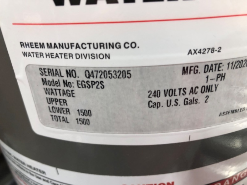 Photo 3 of ***PARTS ONLY*** Commercial Point of Use 2 Gal. 240-Volt 1.5 kW 1 Phase Electric Tank Water Heater
