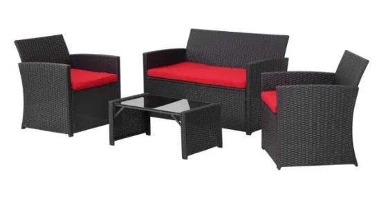 Photo 1 of ***INCOMPLETE-BOX 1 OF 2- MISSING BOX 2*** Black 4-Piece Wicker Outdoor Patio Rattan Set With Coffee Table and Red Cushions
by OVASTLKUY