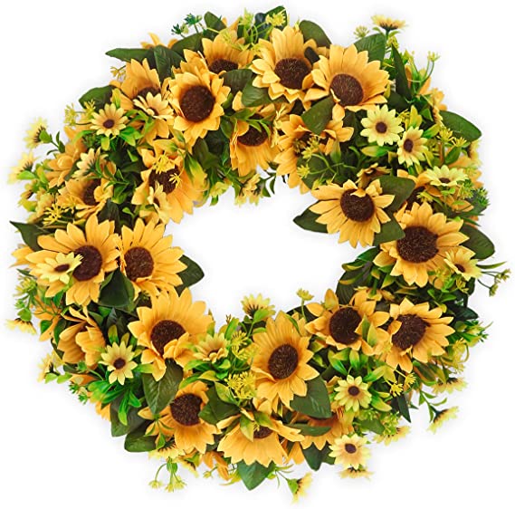 Photo 1 of BOMAROLAN Artificial Sunflower Wreath 20 Inch Summer Fall Large Wreaths Springtime All Year Around Flower Green Leaves for Outdoor Front Door Indoor Wall Or Window Décor
