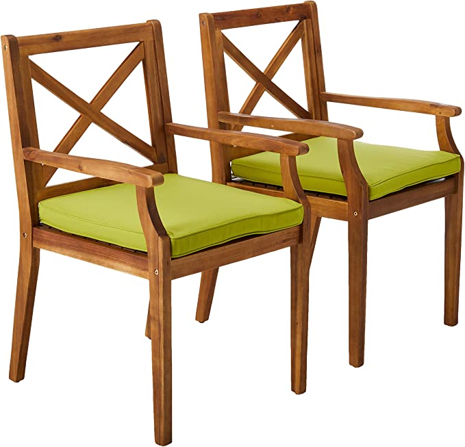 Photo 1 of Christopher Knight Home 304683 Peter | Outdoor Acacia Wood Dining Chair Set of 2, Teak/Green Cushion
