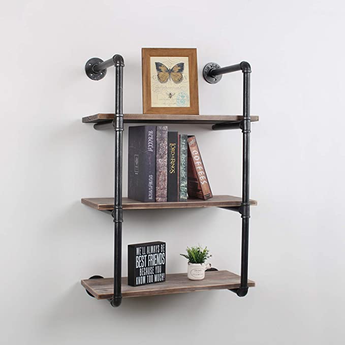 Photo 1 of Industrial Pipe Floating Shelves,3 Tiers Wall Mount Bookshelf,24in Rustic Wall Shelves,DIY Storage Shelving Wall Shelf,Rustic Wall Shelving Unit,Wall Book Shelf for Home Organizer,Black Brushed Silver
