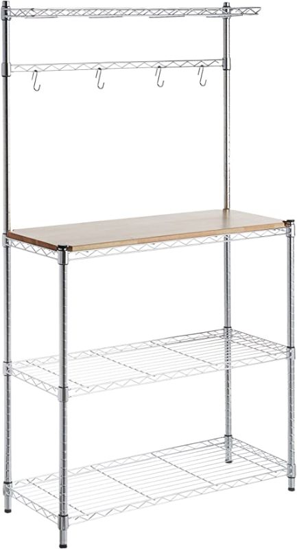 Photo 1 of *MISSING COMPONENTS* Amazon Basics Kitchen Storage Baker's Rack with Wood Table, Chrome/Wood (36L x 14W x 63.4H)
