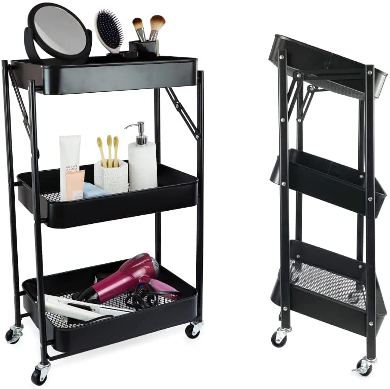 Photo 1 of Isaac Jacobs 3-Tier Rolling Cart, Foldable Mobile Storage Organizer with Caster Wheels, Lightweight Multi-Purpose Metal Utility Cart for Office, Kitchen, Bathroom, Bedroom (Black)
