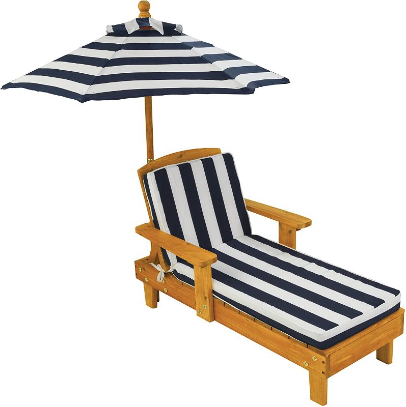 Photo 1 of KidKraft Outdoor Wooden Chaise Lounge, Backyard Furniture Chair with Umbrella and Cushion, For Kids or Pets, Navy and White Striped Fabric
