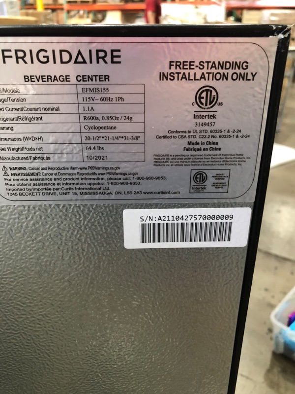 Photo 1 of **PARTS ONLY**
Frigidaire EFMIS155 Beverage Center-126 Cans-Full Stainless Steel, 126-CAN, Stainless
