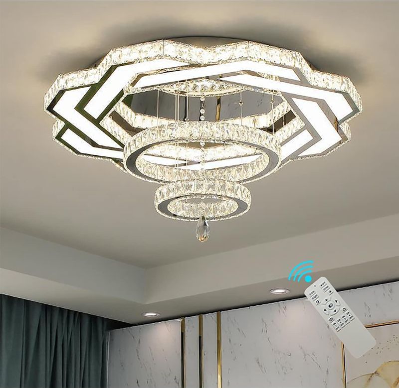 Photo 1 of **SEVERLY DAMAGED*- 23.6inches Modern Large Crystal Chandelier Round Ring Dimmable Living Room Lamps Bathroom Ceiling Lamps Round Chandelier Bedroom Crystal Dining high Chandeliers 3000k-6000K Infinity Lighting Fixtures
