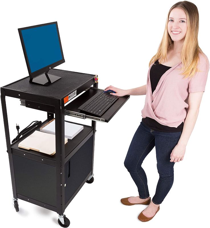 Photo 1 of Line Leader AV Cart with Locking Cabinet | Height Adjustable Utility Cart with Extra Storage | Power Strip and Cord Management | Great for Presentations