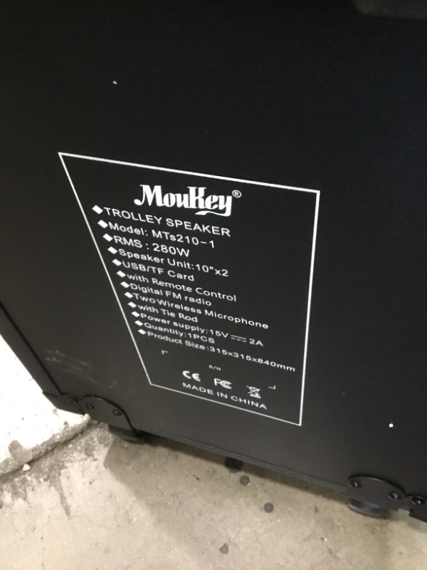 Photo 5 of ***LIKE NEW***
Moukey Karaoke Machine, Double 10" Subwoofer Outdoor Speaker PA System, Portable Bluetooth Speaker with 2 Wireless Microphones, Remote, Disco Lights and Wheels, Supports TWS/REC/AUX IN/MP3/USB/TF/FM
