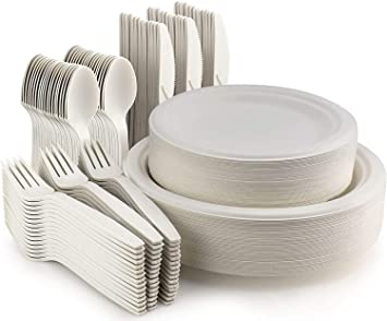 Photo 1 of 125 Piece Biodegradable Paper Plates Set - Disposable Dinnerware Set, Eco Friendly Compostable Plates & Utensil include Plates, Forks, Knives and Spoons for Party, Camping, Picnic