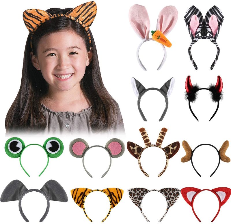 Photo 1 of 12 Pack Plush Animal Headbands for Party Favor, Jungle Animal Ear Horn Hair Hoop, Idea on Kid and Adult Birthday, Halloween decoration, Dress-Up Safari Themed Parties Supplies, Christmas Gift
