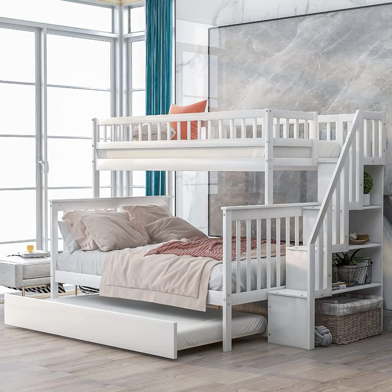 Photo 1 of BOX 3 OF 3 ONLY* MISSING 2 OTHER BOXES TO BE COMPLETE** PARTS ONLY*
Bunk Bed with Trundle, Twin Over Full Bed Frame with Stairway Storage Shelves and Full-Length Guardrails for Kids Teens Girls Boys, Bedroom,No Boxspring Required (White)
