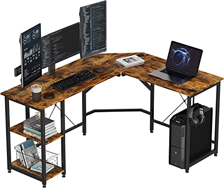 Photo 1 of fukifuki FukiFuki L-Shaped Gaming Desk, 59.1In Corner Computer Office Desk,Writing Workstation,with Adjustable Shelves, Space-Saving, Easy to Assemble (Rustic Brown)

