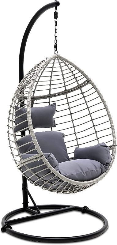 Photo 1 of **incomplete** SereneLife Hanging Egg Indoor Outdoor Patio Wicker Rattan Lounge Chair with Stand, Steel Frame, UV Resistant Washable Cushions for Garden Backyard Deck Sunroom SLGZ0EGG (Gray)
