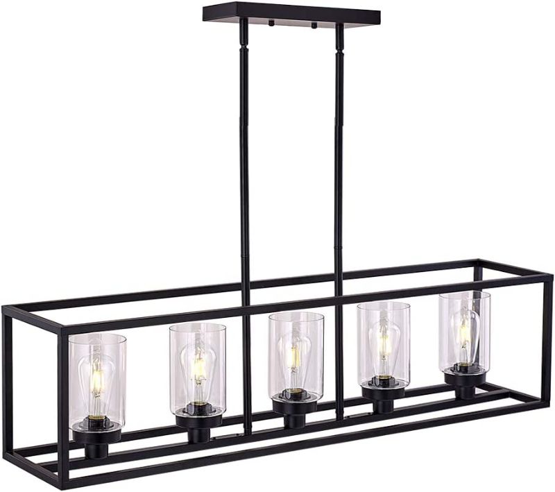 Photo 1 of XILICON Black Linear Chandeliers for Dining Rooms ,Kitchen Island Farmhouse Lighting Fixture Industrial Rustic Ceiling Hanging 5 Light Modern Pendant Light with Glass Shade
