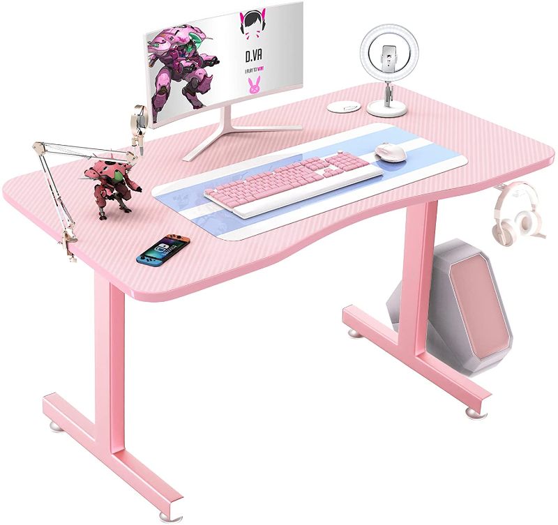 Photo 1 of Vitesse Pink Gaming Desk 40 Inch Cute Kawaii Computer Desk Gaming Table T Shaped Girl Gamer Desk Gaming Workstation Home Office Desk with Carbon Fiber Surface and Headphone Hook
