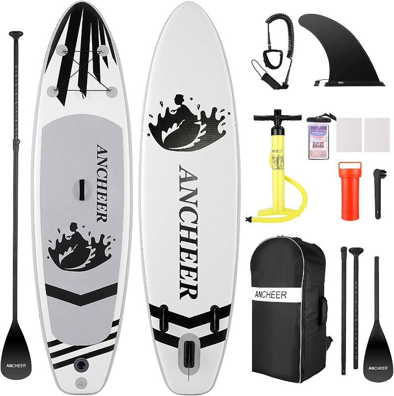 Photo 1 of Inflatable Stand Up Paddle Board with Complete SUP Accessories, Backpack, Leash, Adjustable Paddle and Hand Pump, Bottom Fin, Waterproof Bag, Repair Kit, All-Round Board for Youth & Adult
