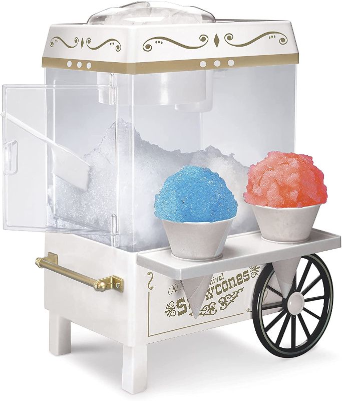 Photo 1 of Nostalgia Vintage Countertop Snow Cone Maker Makes 20 Icy Treats, Includes 2 Reusable Plastic Cups & Ice Scoop – White