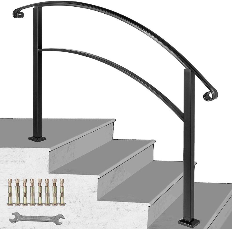 Photo 1 of  3-Step Adjustable Handrail Fits 2 or 3 Steps Stair Rail Wrought Iron Handrail, Matte Black
