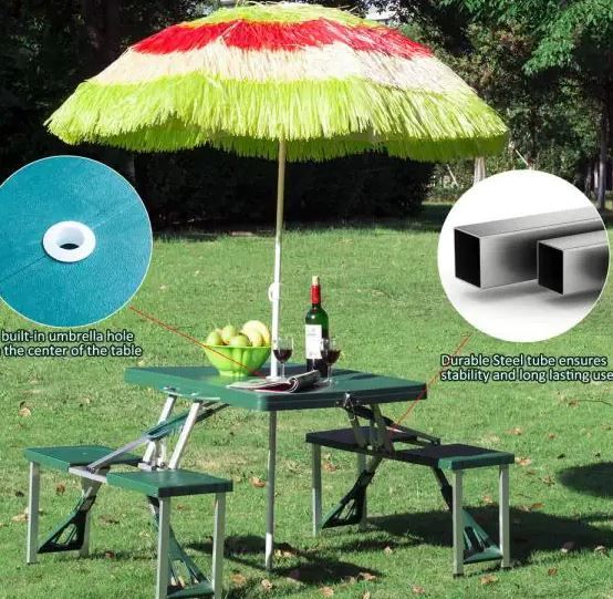 Photo 1 of 
Outsunny 4-Person Green Plastic Portable Compact Folding Suitcase Picnic Table Set with Umbrella Hole/Umbrella and Simple Setup