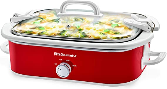 Photo 1 of Elite Gourmet MST-5240 Casserole Crock Slow Cooker, Locking Lid Adjustable Temperature Keep Warm Oven & Dishwasher-Safe Casserole Pan, 3.5Qt Capacity, Red
