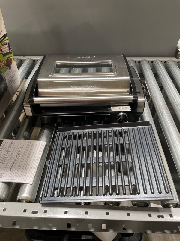Photo 1 of Hamilton Beach Electric Indoor Searing Grill with Viewing Window and Removable Easy-to-Clean Nonstick Plate, 6-Serving, Extra-Large Drip Tray, Stainless Steel (25361)
