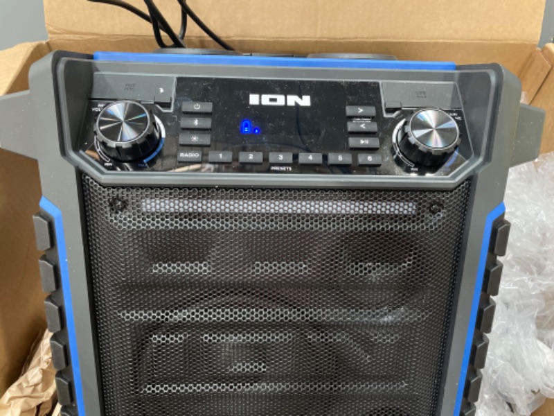 Photo 3 of ION Audio Pickup - 100-watt Water-Resistant Wireless Bluetooth Speaker with 75-hour Rechargeable Battery, AM/FM Radio and Multi-Color Light Bar
