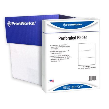 Photo 1 of Printworks Perforated Paper 8.5 X 11 24 Lb 3.67 and 7.33 Perfs White 2500 Shts 04122
