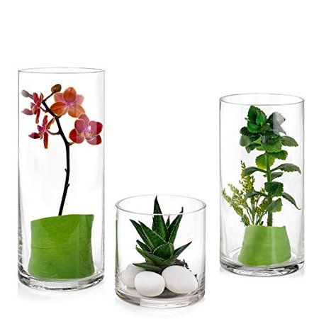 Photo 1 of Set of 3 Glass Cylinder Vases 4 8 10 Inch Tall - Multi-use: Pillar Candle Floating Candles Holders or Flower Vase - Perfect as a Wedding Centerpiec
