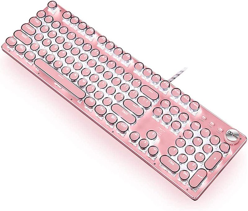 Photo 1 of Gaming Keyboard,Retro Punk Typewriter-Style, Blue Switches, White Backlight, USB Wired, for PC Laptop Desktop Computer, for Game and Office, Stylish Pink Mechanical Keyboard (Round Keycaps)
