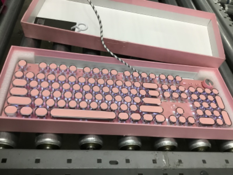 Photo 2 of Gaming Keyboard,Retro Punk Typewriter-Style, Blue Switches, White Backlight, USB Wired, for PC Laptop Desktop Computer, for Game and Office, Stylish Pink Mechanical Keyboard (Round Keycaps)
