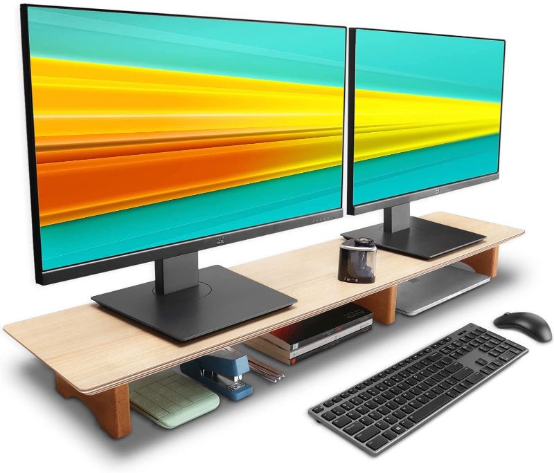 Photo 1 of Aothia Large Dual Monitor Stand Riser, Solid Wood Desk Shelf with Eco Cork Legs for Laptop Computer/TV/PC/Printers, Perfect Desktop Stands Organizer with Underneath Storage for Office Accessories