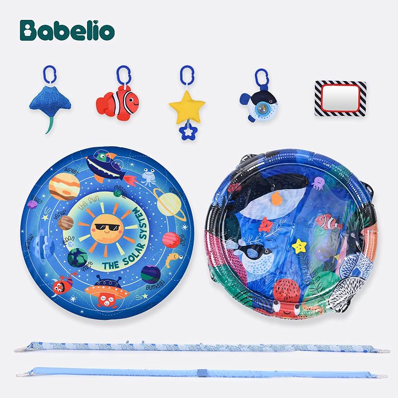 Photo 1 of Babelio Baby Gym Mat & Tummy Time Water Mat 2 in 1, 3 Different Assembly Methods, 6 Activity Play Mat Toys, Sensory Development and Fun Experience for Infant, 33.5" x 33.5"
