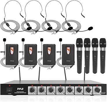 Photo 1 of 8 Channel Wireless Microphone System - Professional VHF Audio Mic Set with 1/4", XLR Jack - 4 Headset, 4 Clip Lavalier, 4 Handheld Mic, 4 Transmitter, Receiver - for Karaoke PA, DJ - Pyle PDWM8700
