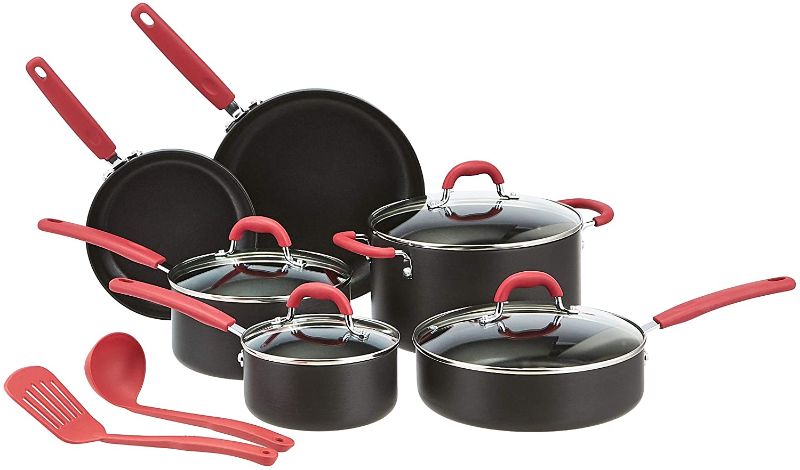 Photo 1 of Amazon Basics Hard Anodized Non-Stick 12-Piece Cookware Set, Red - Pots, Pans and Utensils
