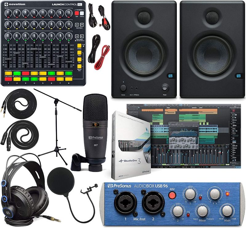 Photo 1 of PreSonus AudioBox 96 Audio Interface Full Studio Kit w/ Studio One Artist Software Pack w/ Novation Launch Control XL Controller for Ableton Live, Eris 3.5 Pair Studio Monitors & 1/4” Instrument Cable