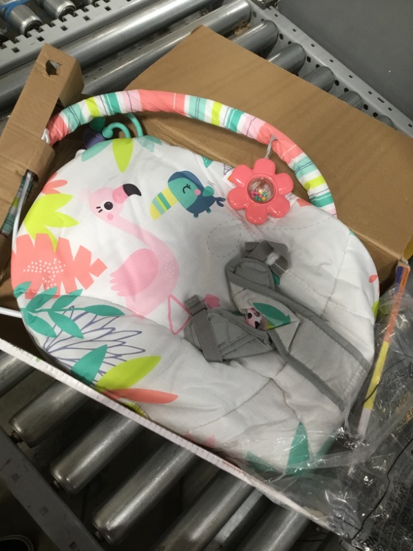 Photo 2 of Bright Starts Flamingo Vibes 3-Point Harness Harness Vibrating Baby Bouncer with Toy bar
