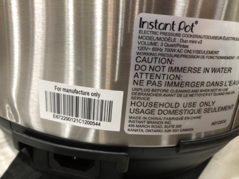 Photo 2 of MISSING PLUG IN CORD** UNABLE TO TEST**
Instant Pot Duo 7-in-1 Electric Pressure Cooker, Slow Cooker, Rice Cooker, Steamer, Sauté, Yogurt Maker, Warmer & Sterilizer, 3 Quart, Stainless Steel/Black
