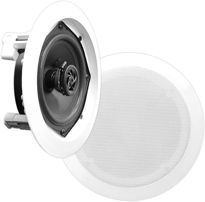 Photo 1 of 6.5” Ceiling Wall Mount Speakers - Pair of 2-Way Midbass Woofer Speaker 1/2'' Polymer Dome Tweeter Flush Design w/ 70Hz-20kHz Frequency Response & 200 Watts Peak Easy Installation - Pyle PDIC61RD
