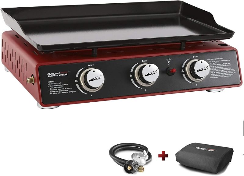 Photo 1 of Royal Gourmet PD1301R 24-Inch 3-Burner Portable Table Top Gas Grill Griddle, 25,500 BTUs, Red
